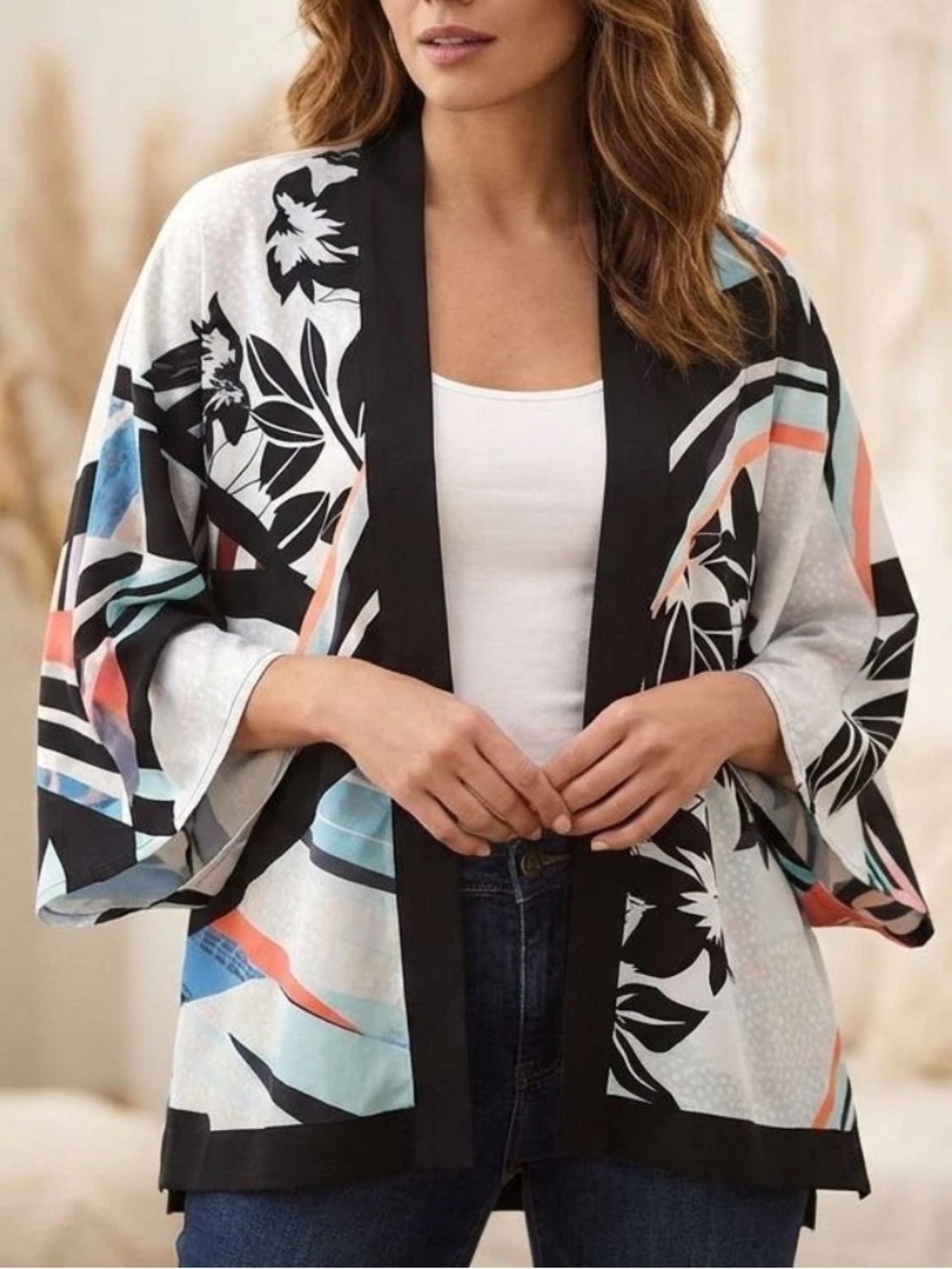 Chico’s Abstract Open Front Kimono Blouse Reversible S/M